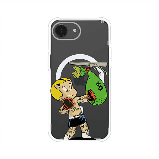 Funda para iPhone con dibujo de Richie Rich como boxeador sosteniendo una bolsa de dinero Remark Mx