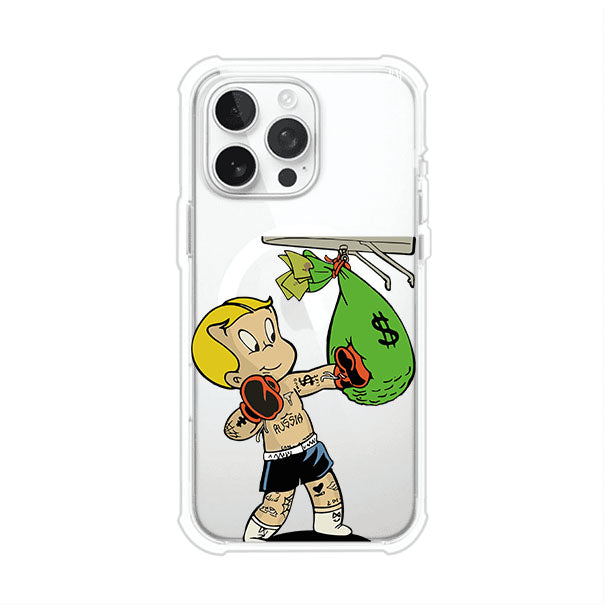 Funda para iPhone con dibujo de Richie Rich como boxeador sosteniendo una bolsa de dinero Remark Mx