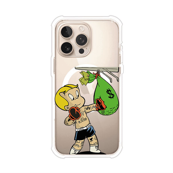 Funda para iPhone con dibujo de Richie Rich como boxeador sosteniendo una bolsa de dinero Remark Mx