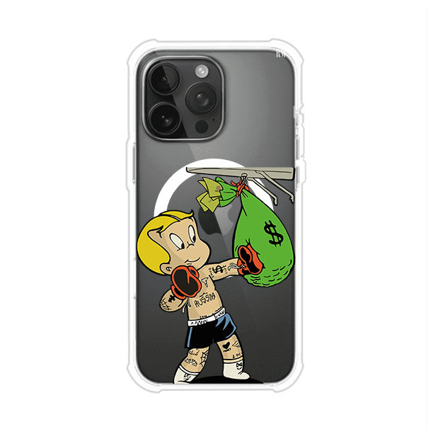 Funda para iPhone con dibujo de Richie Rich como boxeador sosteniendo una bolsa de dinero Remark Mx