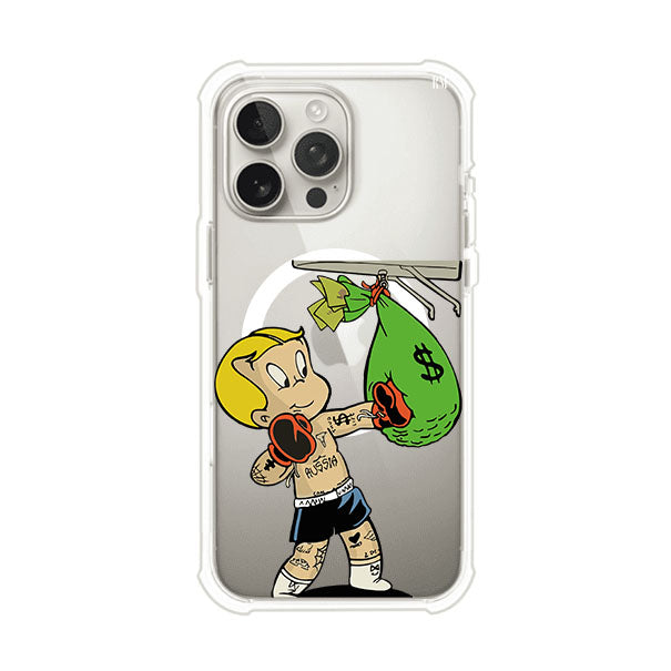 Funda para iPhone con dibujo de Richie Rich como boxeador sosteniendo una bolsa de dinero Remark Mx