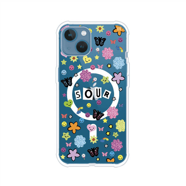 Funda para iPhone inspirada en el álbum Sour de Olivia Rodrigo. Diseño con stickers de mariposas, caritas felices, flores y estrellas. Estilo aesthetic, juvenil y divertido. Producto de Remark Mx