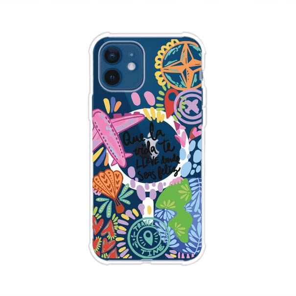 Funda para iPhone con diseño colorido de viaje, frases motivacionales y elementos como aviones, planeta y brújula – Remark Mx