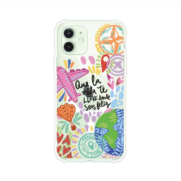 Funda para iPhone con diseño colorido de viaje, frases motivacionales y elementos como aviones, planeta y brújula – Remark Mx