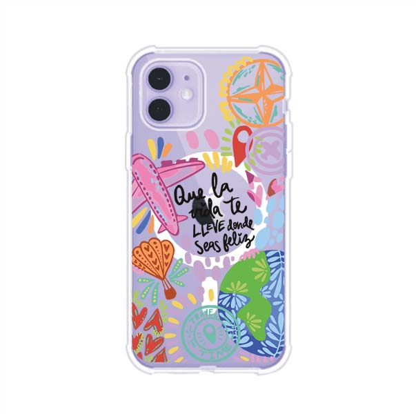 Funda para iPhone con diseño colorido de viaje, frases motivacionales y elementos como aviones, planeta y brújula – Remark Mx