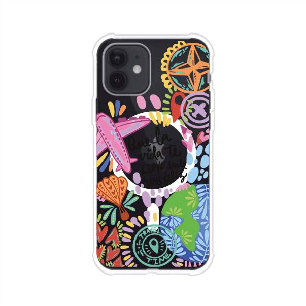 Funda para iPhone con diseño colorido de viaje, frases motivacionales y elementos como aviones, planeta y brújula – Remark Mx