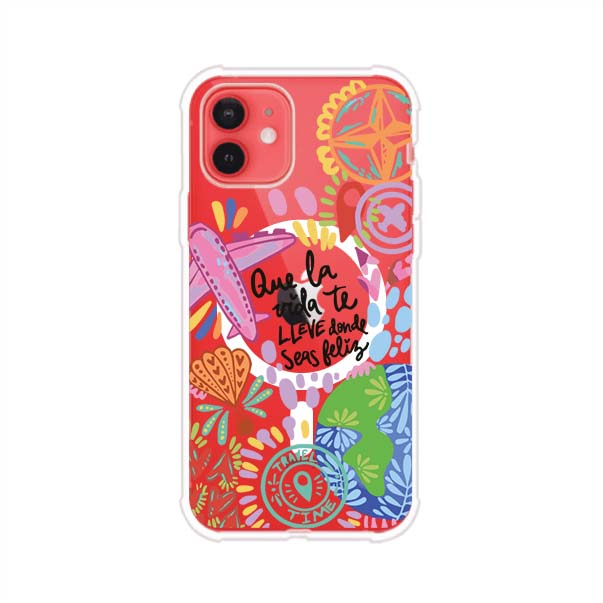 Funda para iPhone con diseño colorido de viaje, frases motivacionales y elementos como aviones, planeta y brújula – Remark Mx