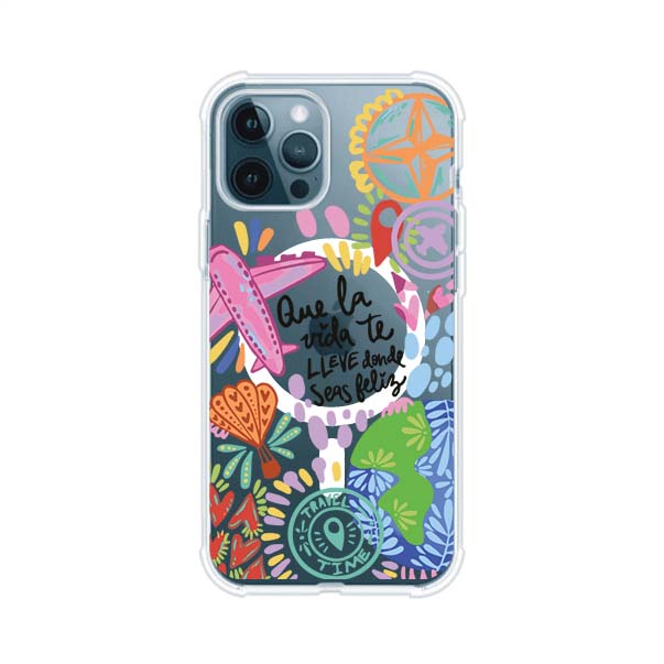 Funda para iPhone con diseño colorido de viaje, frases motivacionales y elementos como aviones, planeta y brújula – Remark Mx