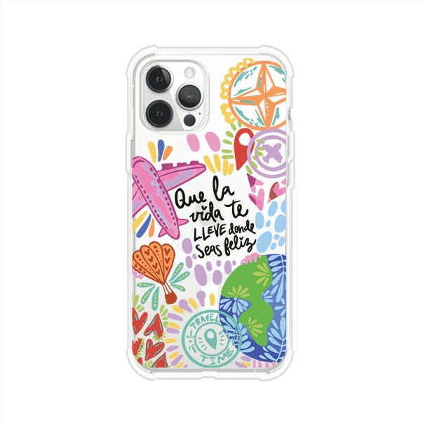 Funda para iPhone con diseño colorido de viaje, frases motivacionales y elementos como aviones, planeta y brújula – Remark Mx