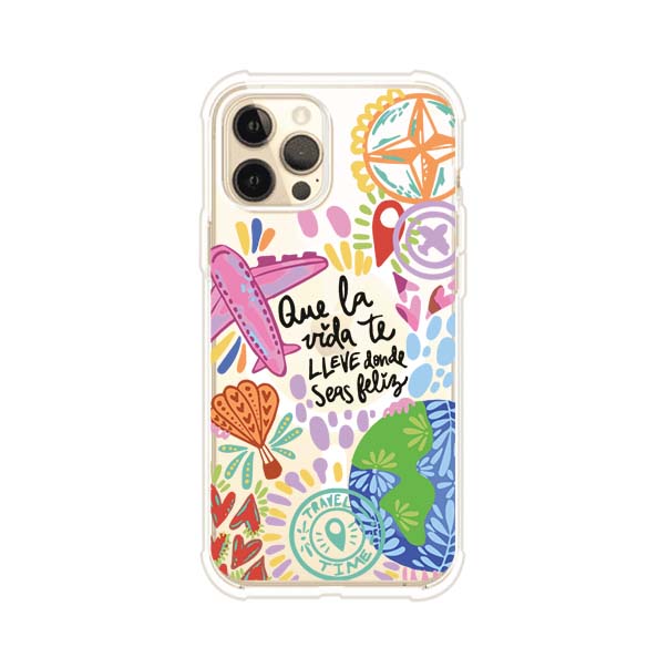 Funda para iPhone con diseño colorido de viaje, frases motivacionales y elementos como aviones, planeta y brújula – Remark Mx