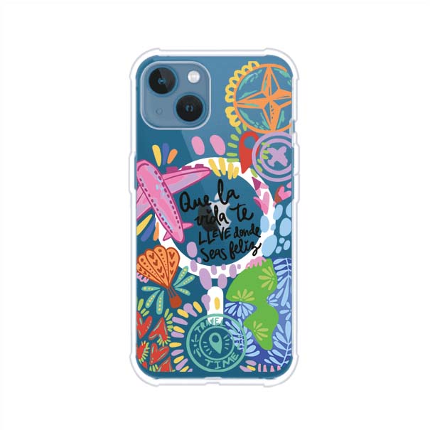 Funda para iPhone con diseño colorido de viaje, frases motivacionales y elementos como aviones, planeta y brújula – Remark Mx