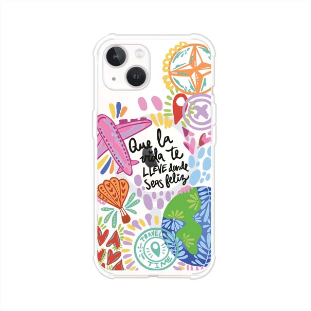 Funda para iPhone con diseño colorido de viaje, frases motivacionales y elementos como aviones, planeta y brújula – Remark Mx