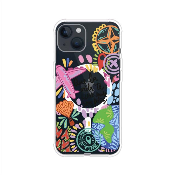 Funda para iPhone con diseño colorido de viaje, frases motivacionales y elementos como aviones, planeta y brújula – Remark Mx