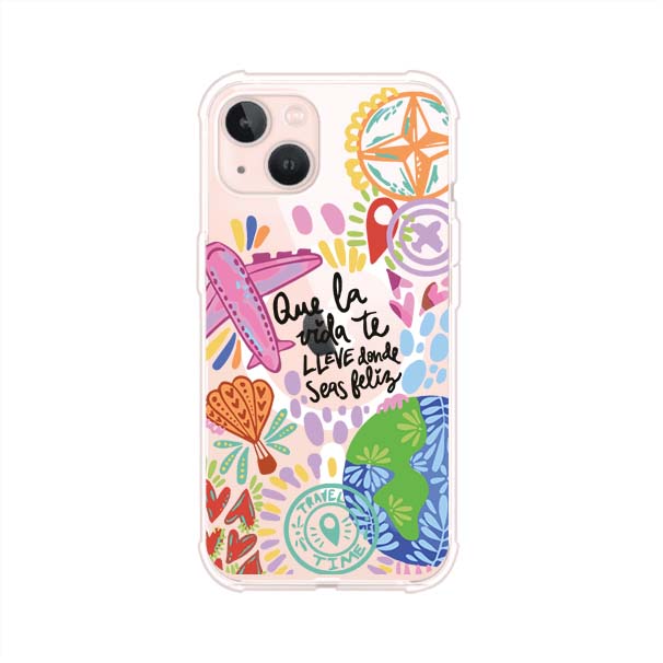 Funda para iPhone con diseño colorido de viaje, frases motivacionales y elementos como aviones, planeta y brújula – Remark Mx
