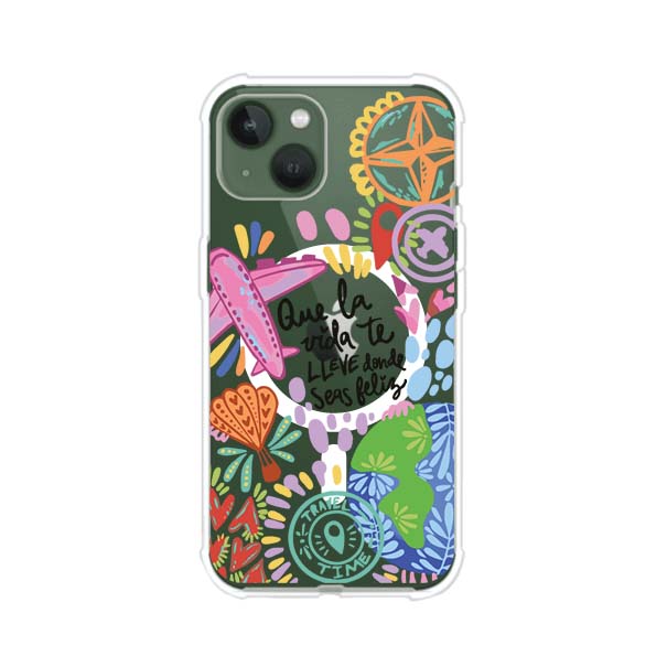 Funda para iPhone con diseño colorido de viaje, frases motivacionales y elementos como aviones, planeta y brújula – Remark Mx