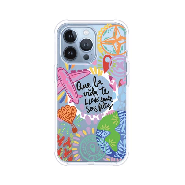 Funda para iPhone con diseño colorido de viaje, frases motivacionales y elementos como aviones, planeta y brújula – Remark Mx