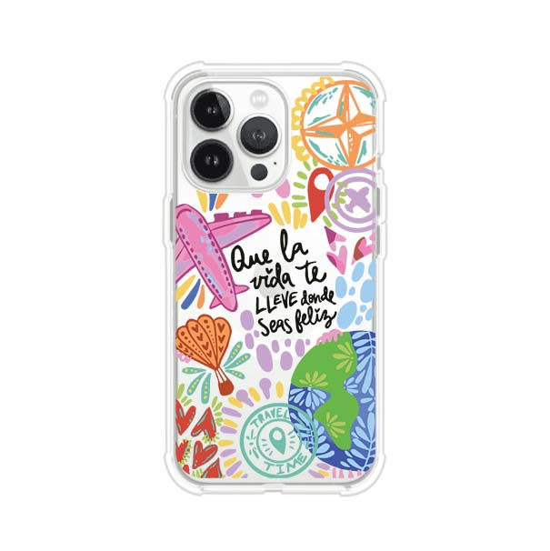 Funda para iPhone con diseño colorido de viaje, frases motivacionales y elementos como aviones, planeta y brújula – Remark Mx