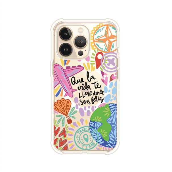 Funda para iPhone con diseño colorido de viaje, frases motivacionales y elementos como aviones, planeta y brújula – Remark Mx
