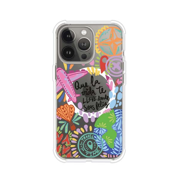 Funda para iPhone con diseño colorido de viaje, frases motivacionales y elementos como aviones, planeta y brújula – Remark Mx