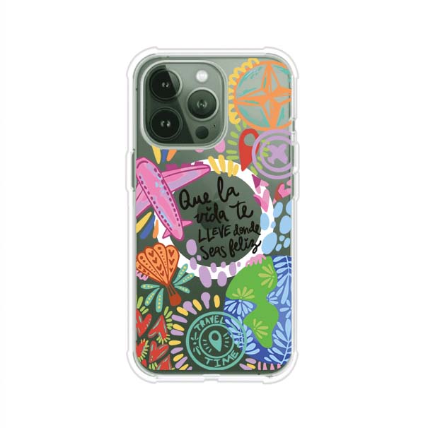 Funda para iPhone con diseño colorido de viaje, frases motivacionales y elementos como aviones, planeta y brújula – Remark Mx