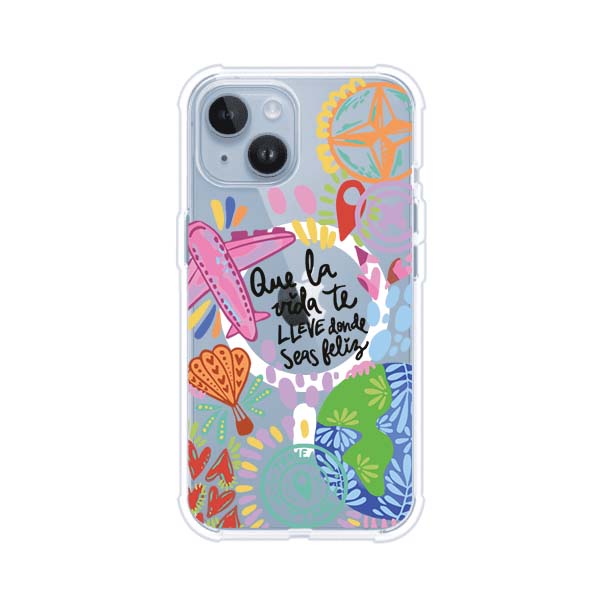 Funda para iPhone con diseño colorido de viaje, frases motivacionales y elementos como aviones, planeta y brújula – Remark Mx