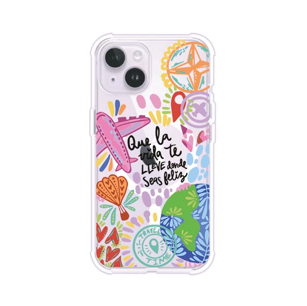 Funda para iPhone con diseño colorido de viaje, frases motivacionales y elementos como aviones, planeta y brújula – Remark Mx