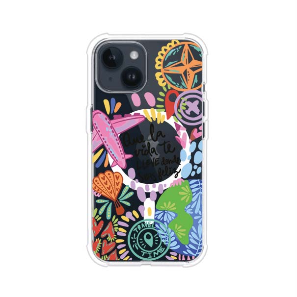 Funda para iPhone con diseño colorido de viaje, frases motivacionales y elementos como aviones, planeta y brújula – Remark Mx