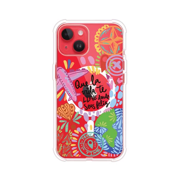 Funda para iPhone con diseño colorido de viaje, frases motivacionales y elementos como aviones, planeta y brújula – Remark Mx