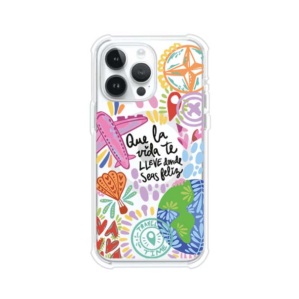 Funda para iPhone con diseño colorido de viaje, frases motivacionales y elementos como aviones, planeta y brújula – Remark Mx