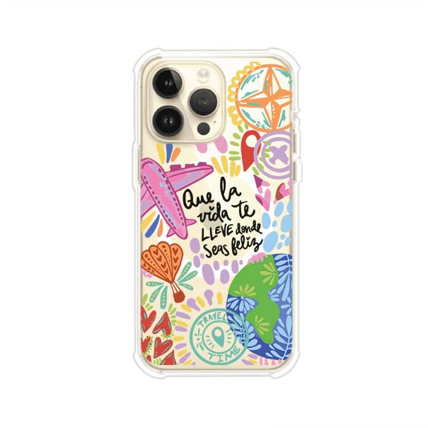 Funda para iPhone con diseño colorido de viaje, frases motivacionales y elementos como aviones, planeta y brújula – Remark Mx