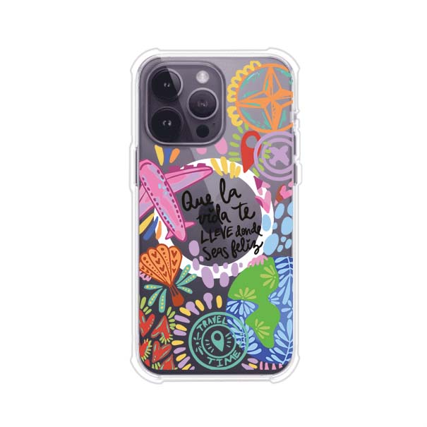 Funda para iPhone con diseño colorido de viaje, frases motivacionales y elementos como aviones, planeta y brújula – Remark Mx