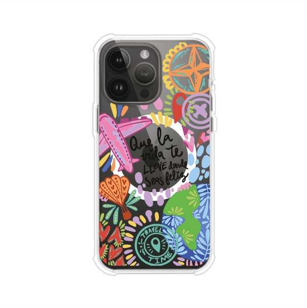 Funda para iPhone con diseño colorido de viaje, frases motivacionales y elementos como aviones, planeta y brújula – Remark Mx