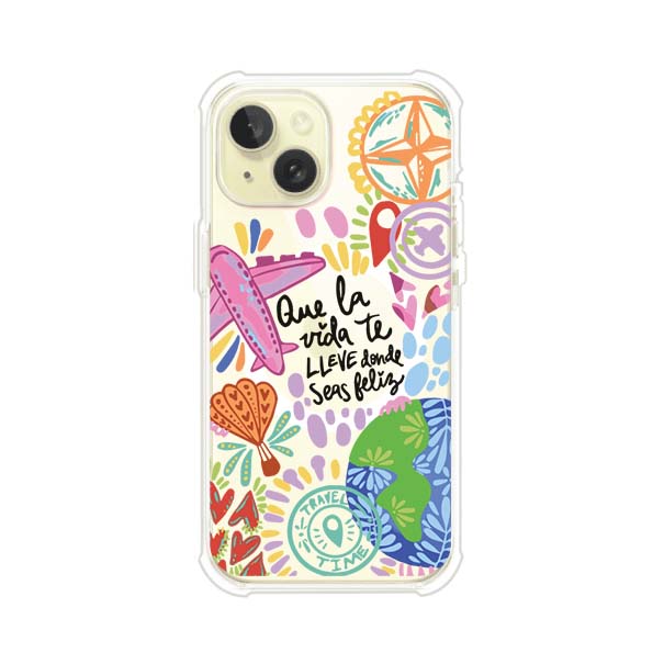 Funda para iPhone con diseño colorido de viaje, frases motivacionales y elementos como aviones, planeta y brújula – Remark Mx