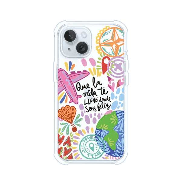 Funda para iPhone con diseño colorido de viaje, frases motivacionales y elementos como aviones, planeta y brújula – Remark Mx