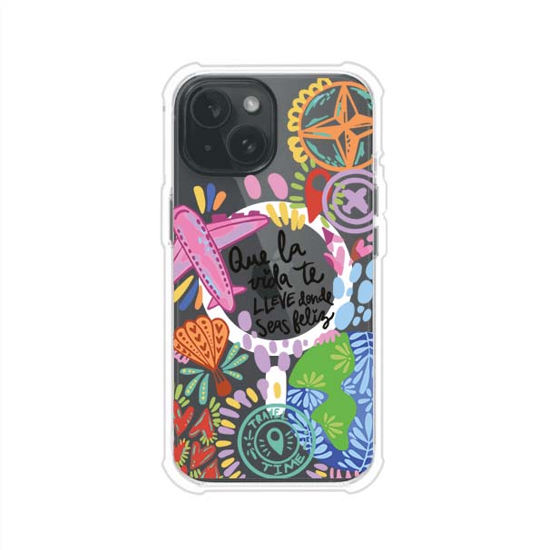 Funda para iPhone con diseño colorido de viaje, frases motivacionales y elementos como aviones, planeta y brújula – Remark Mx