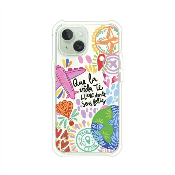 Funda para iPhone con diseño colorido de viaje, frases motivacionales y elementos como aviones, planeta y brújula – Remark Mx