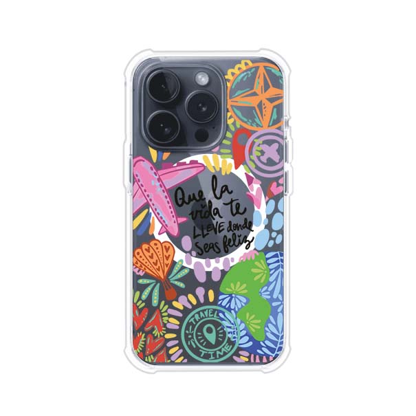 Funda para iPhone con diseño colorido de viaje, frases motivacionales y elementos como aviones, planeta y brújula – Remark Mx