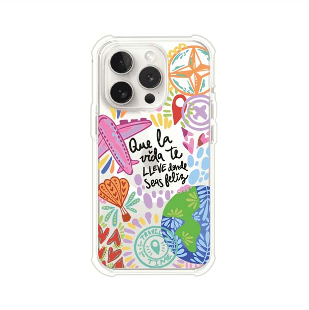 Funda para iPhone con diseño colorido de viaje, frases motivacionales y elementos como aviones, planeta y brújula – Remark Mx