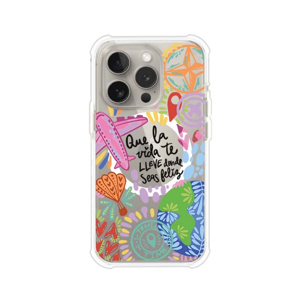 Funda para iPhone con diseño colorido de viaje, frases motivacionales y elementos como aviones, planeta y brújula – Remark Mx