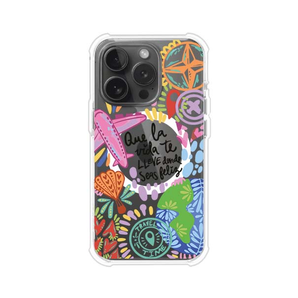 Funda para iPhone con diseño colorido de viaje, frases motivacionales y elementos como aviones, planeta y brújula – Remark Mx