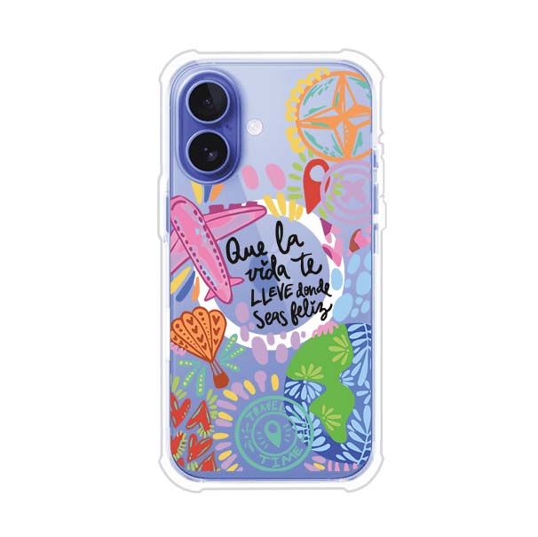 Funda para iPhone con diseño colorido de viaje, frases motivacionales y elementos como aviones, planeta y brújula – Remark Mx