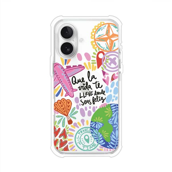 Funda para iPhone con diseño colorido de viaje, frases motivacionales y elementos como aviones, planeta y brújula – Remark Mx