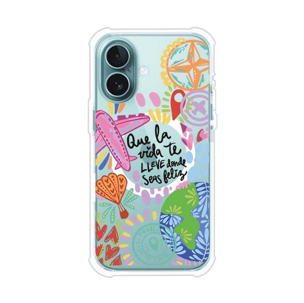 Funda para iPhone con diseño colorido de viaje, frases motivacionales y elementos como aviones, planeta y brújula – Remark Mx