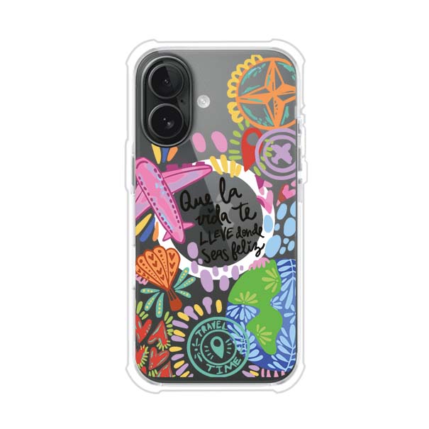 Funda para iPhone con diseño colorido de viaje, frases motivacionales y elementos como aviones, planeta y brújula – Remark Mx