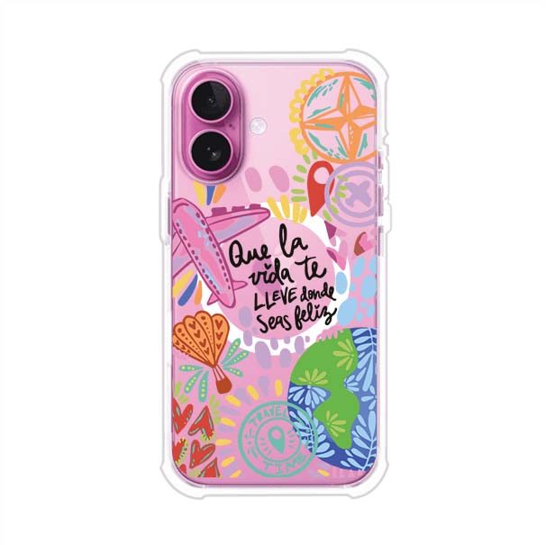 Funda para iPhone con diseño colorido de viaje, frases motivacionales y elementos como aviones, planeta y brújula – Remark Mx