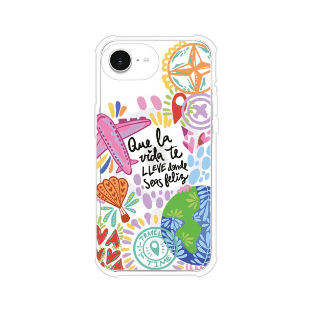 Funda para iPhone con diseño colorido de viaje, frases motivacionales y elementos como aviones, planeta y brújula – Remark Mx