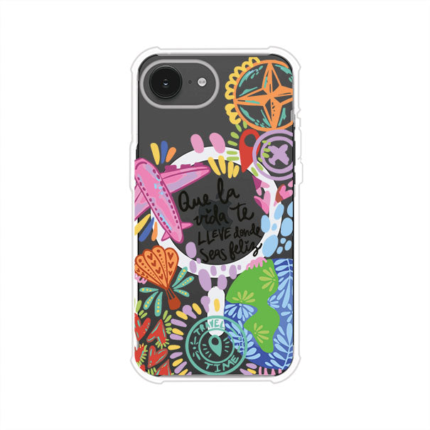 Funda para iPhone con diseño colorido de viaje, frases motivacionales y elementos como aviones, planeta y brújula – Remark Mx