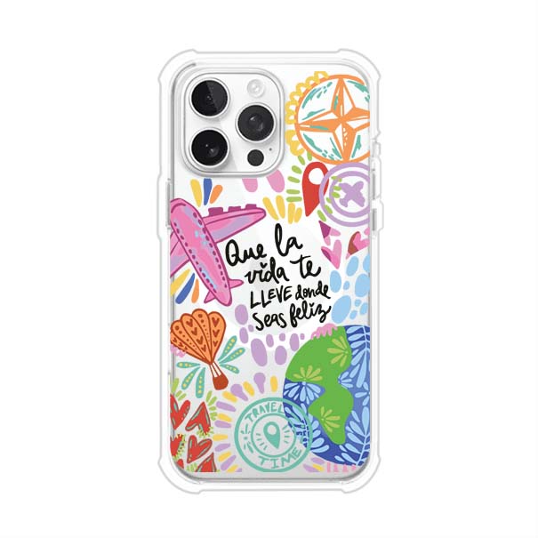 Funda para iPhone con diseño colorido de viaje, frases motivacionales y elementos como aviones, planeta y brújula – Remark Mx