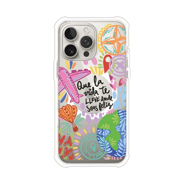 Funda para iPhone con diseño colorido de viaje, frases motivacionales y elementos como aviones, planeta y brújula – Remark Mx