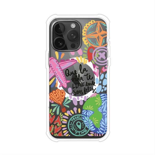 Funda para iPhone con diseño colorido de viaje, frases motivacionales y elementos como aviones, planeta y brújula – Remark Mx